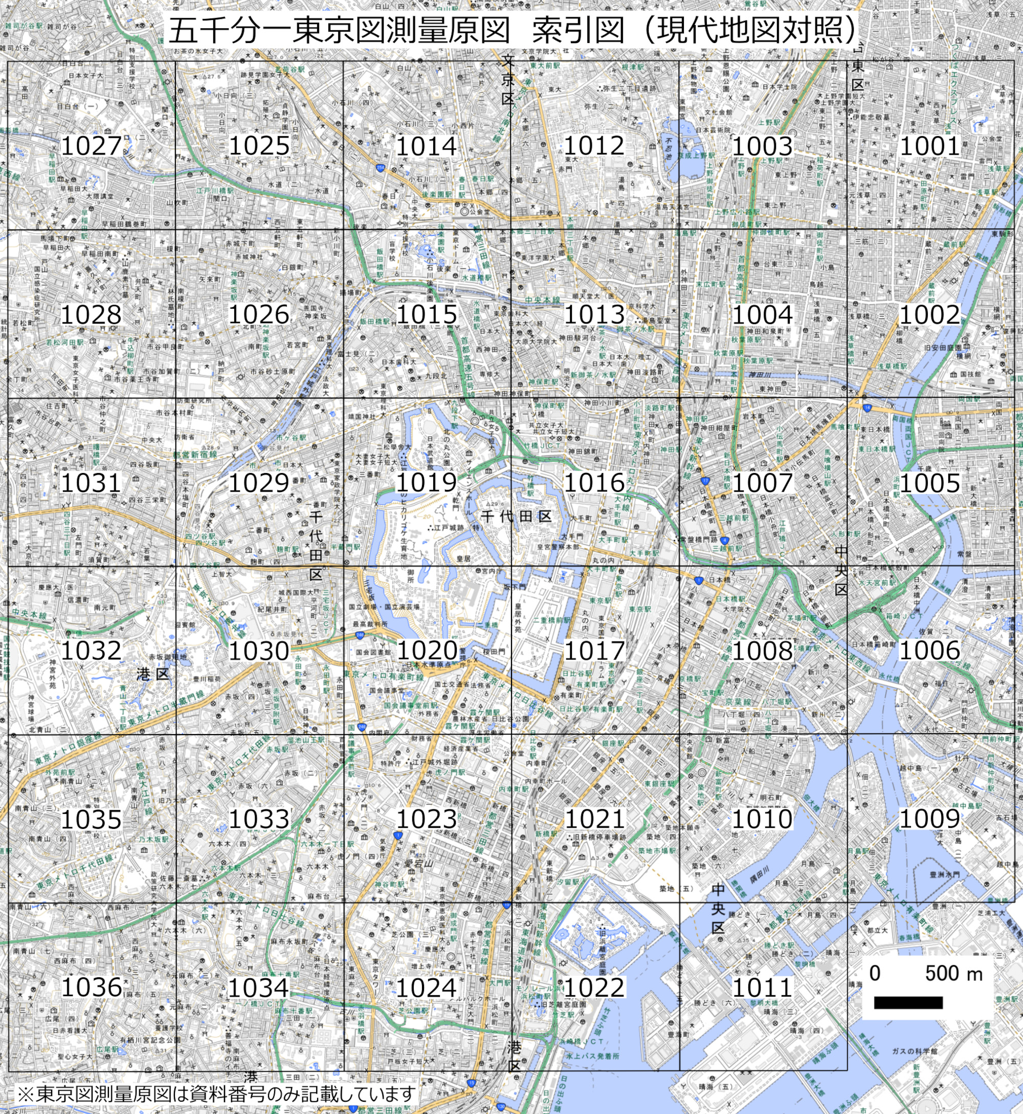東京図測量原図の索引図（現代地図対照）