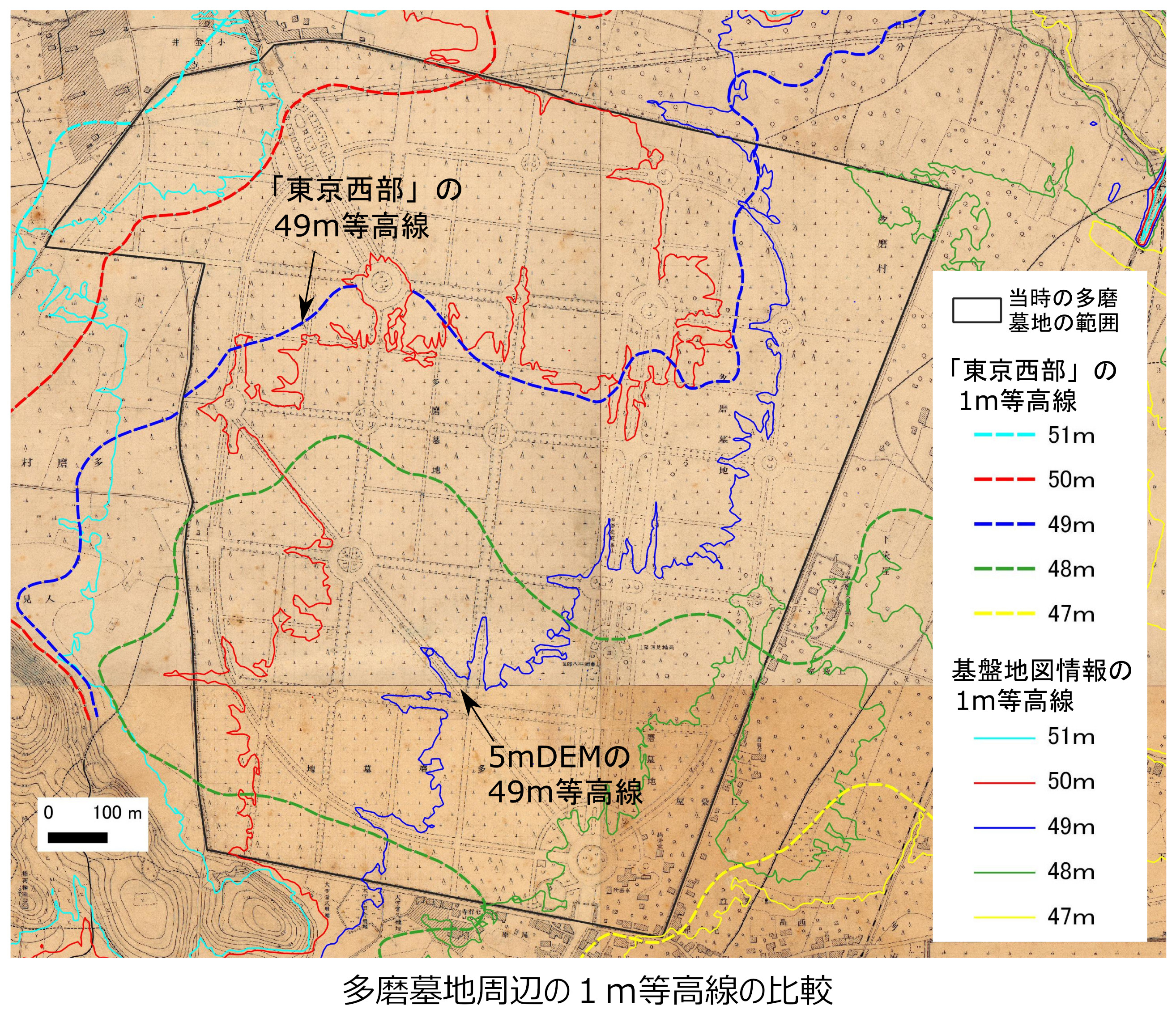 1ｍ等高線（多磨墓地）精度検証図
