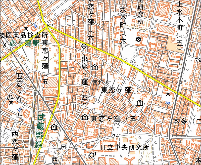 「西17-8 国分寺西北部」と同じ範囲の現在の地図
