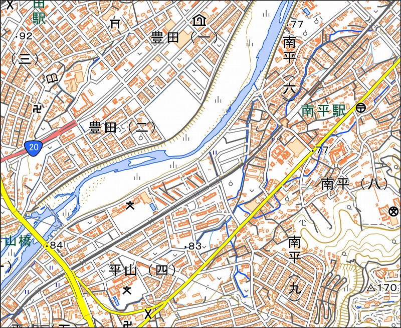 「西39-6 平山橋」と同じ範囲の現在の地図